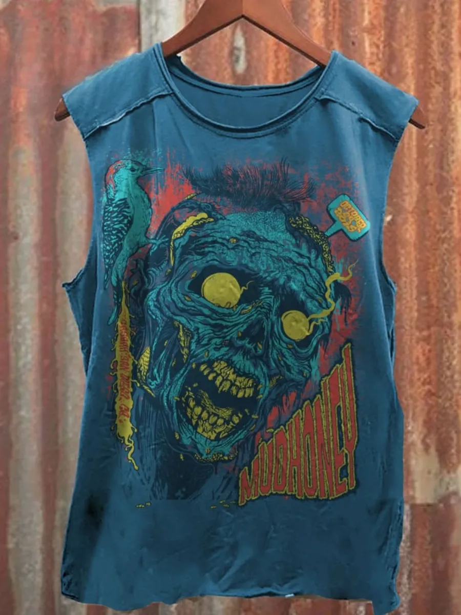 Unisex Retro Blue Rotting Zombies Print 100% Cotton Casual Tank Top