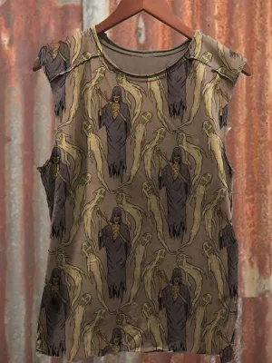 Unisex Retro Coffee Colored Zombie Ghost Print Casual Tank Top