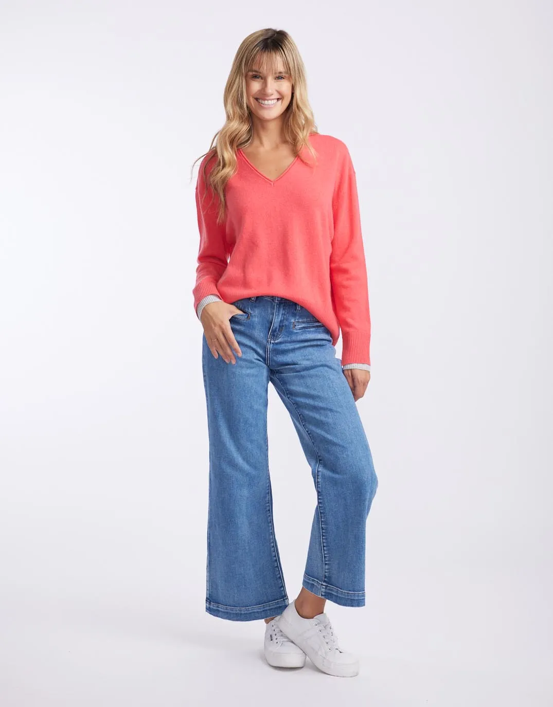 Upstate Wool Cashmere Double Cuff Knit Jumper - Melon/Grey Marle
