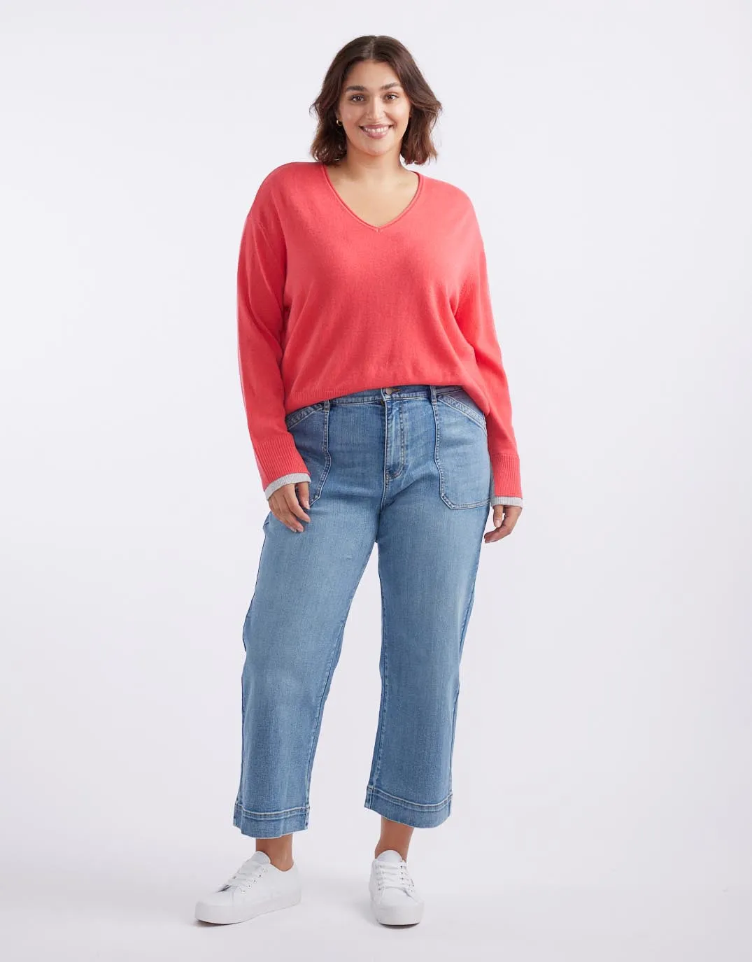 Upstate Wool Cashmere Double Cuff Knit Jumper - Melon/Grey Marle