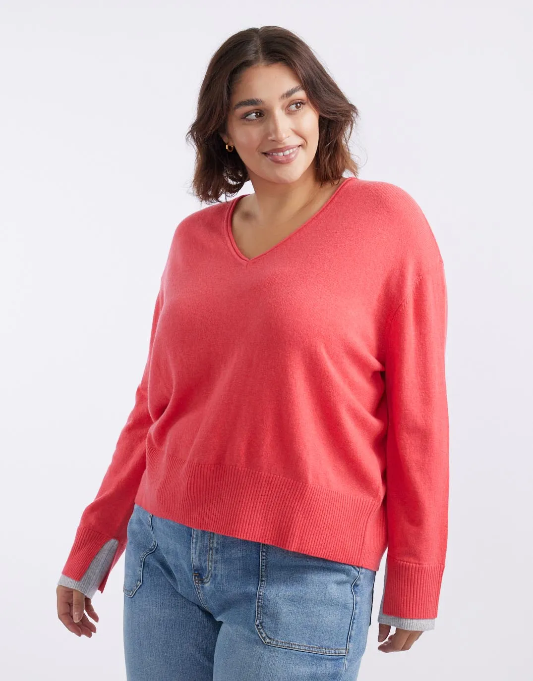 Upstate Wool Cashmere Double Cuff Knit Jumper - Melon/Grey Marle