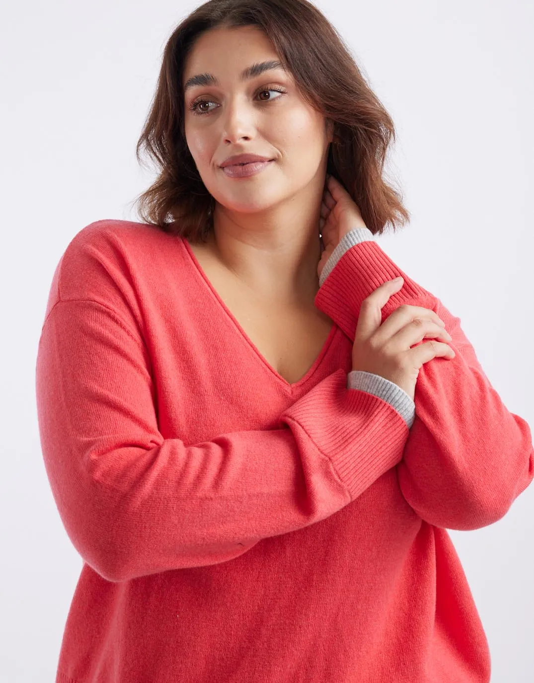 Upstate Wool Cashmere Double Cuff Knit Jumper - Melon/Grey Marle
