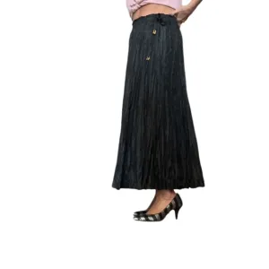 Vintage Black Maxi A-Line Skirt with Pleats, 100% Silk, Size Medium