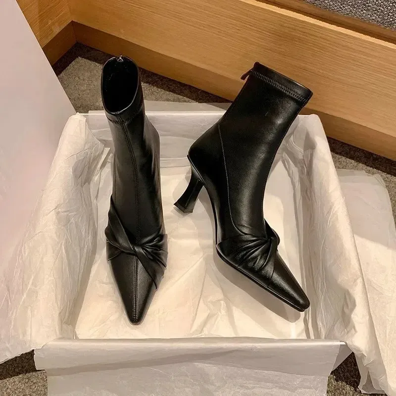 VougeVamp Patent Leather Ankle Boots – Luxury Bow Detail Winter Boots for Weddings & Parties