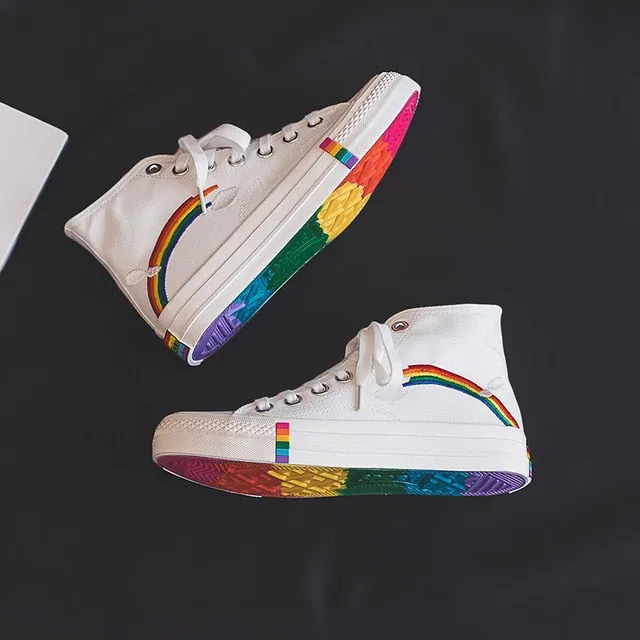 Vulcanized Shoes Woman Sneakers New Rainbow Retro Canvas Shoes Flat Fashion Comfortable High Shoes Women