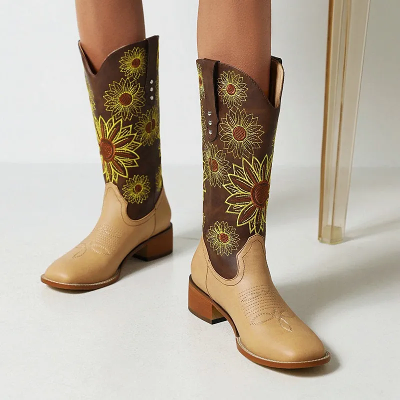 Western Boots For Womens Mid Calf Boots Embroider Floral Print- Tan/Brown Roper Cowgirl Boots