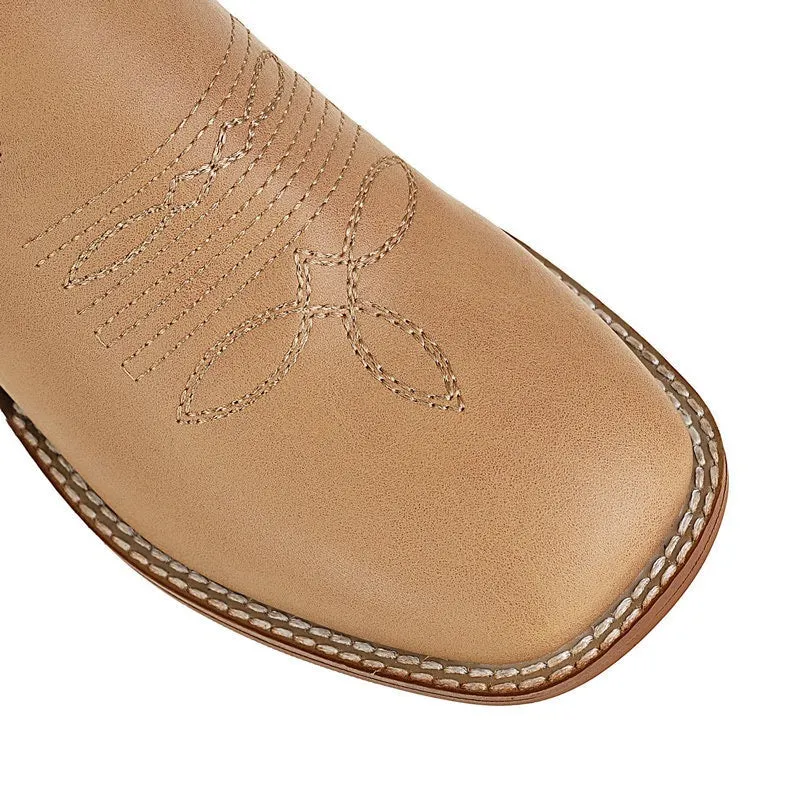 Western Boots For Womens Mid Calf Boots Embroider Floral Print- Tan/Brown Roper Cowgirl Boots