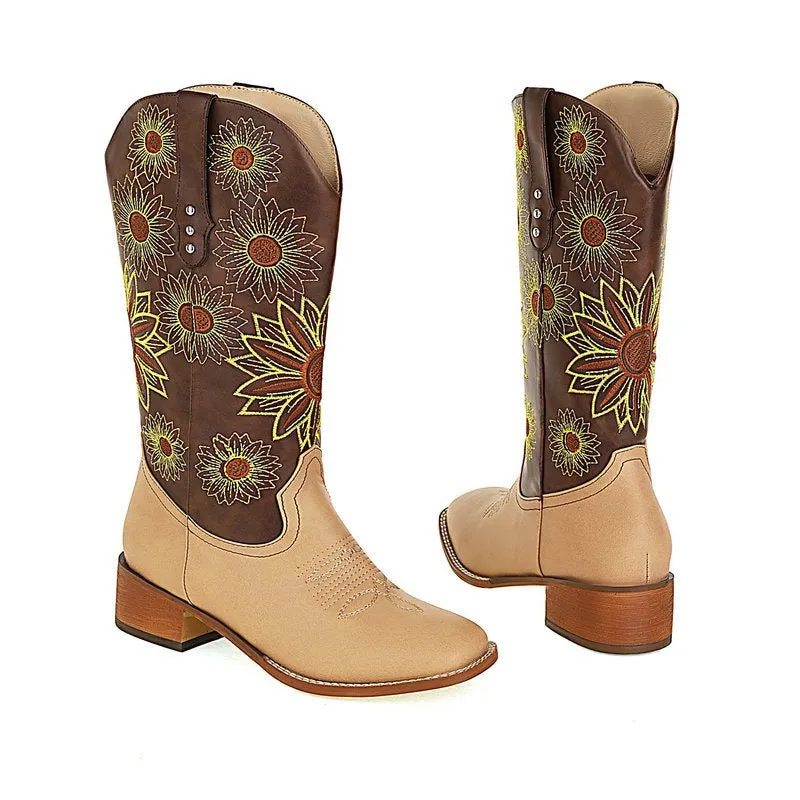 Western Boots For Womens Mid Calf Boots Embroider Floral Print- Tan/Brown Roper Cowgirl Boots