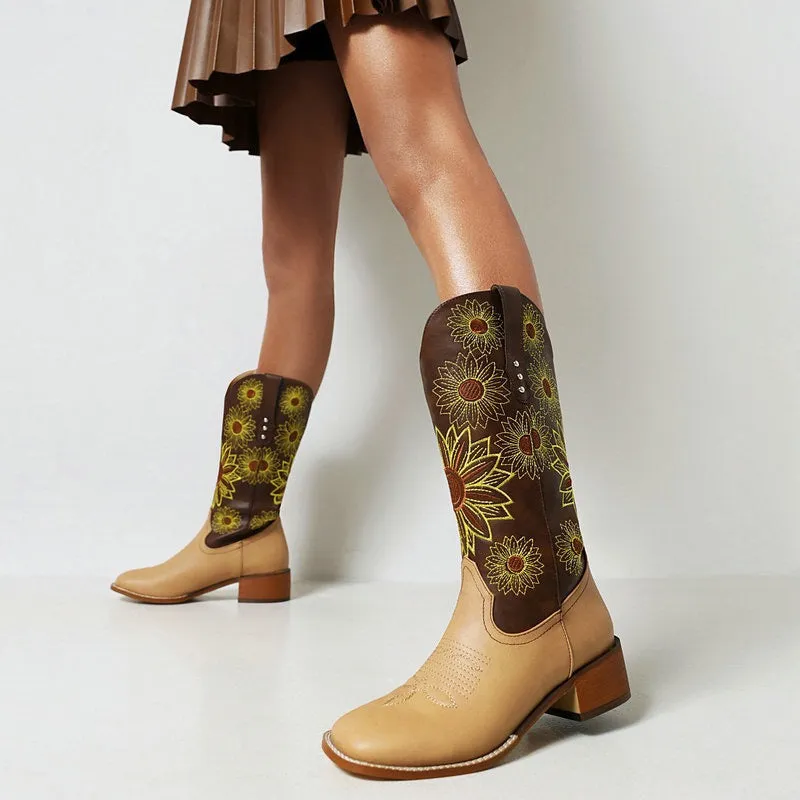 Western Boots For Womens Mid Calf Boots Embroider Floral Print- Tan/Brown Roper Cowgirl Boots