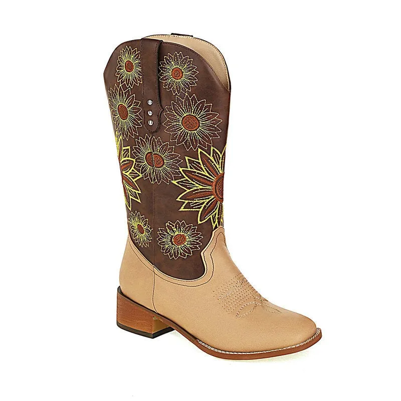 Western Boots For Womens Mid Calf Boots Embroider Floral Print- Tan/Brown Roper Cowgirl Boots