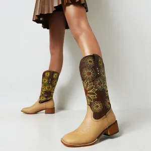 Western Boots For Womens Mid Calf Boots Embroider Floral Print- Tan/Brown Roper Cowgirl Boots