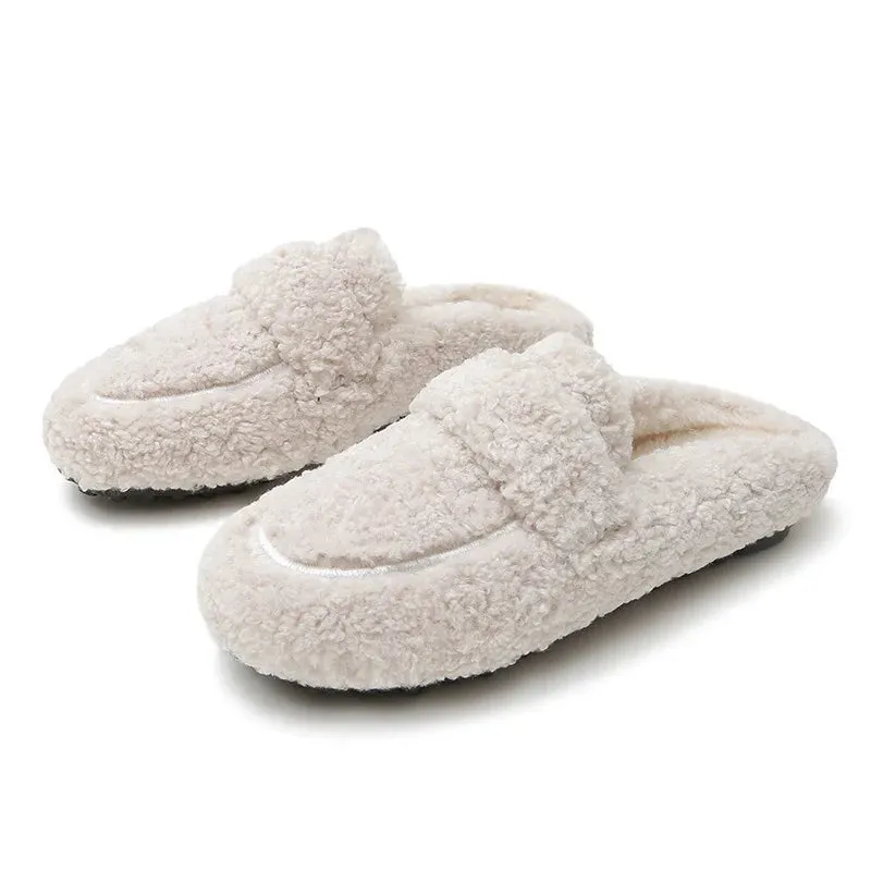 Winter Warm Plush Mules Women One Band Fur Slippers Cozy Cotton Shoes Woman Flats Cover Toe Fleeces Slides Femme Wool Pantuflas