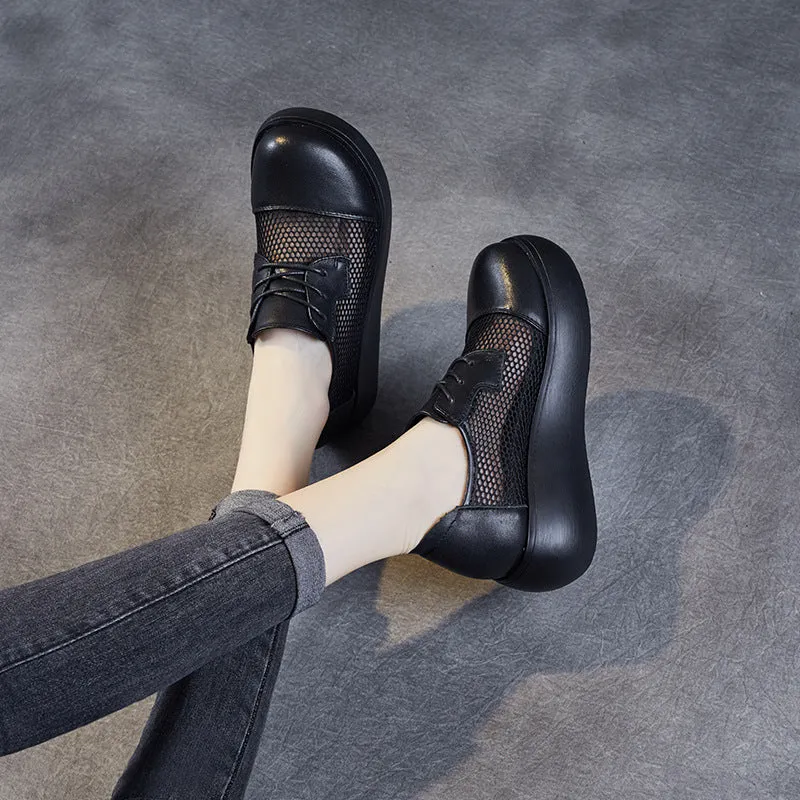 Women Casual Hollow Mesh Leather Platform Shoes
