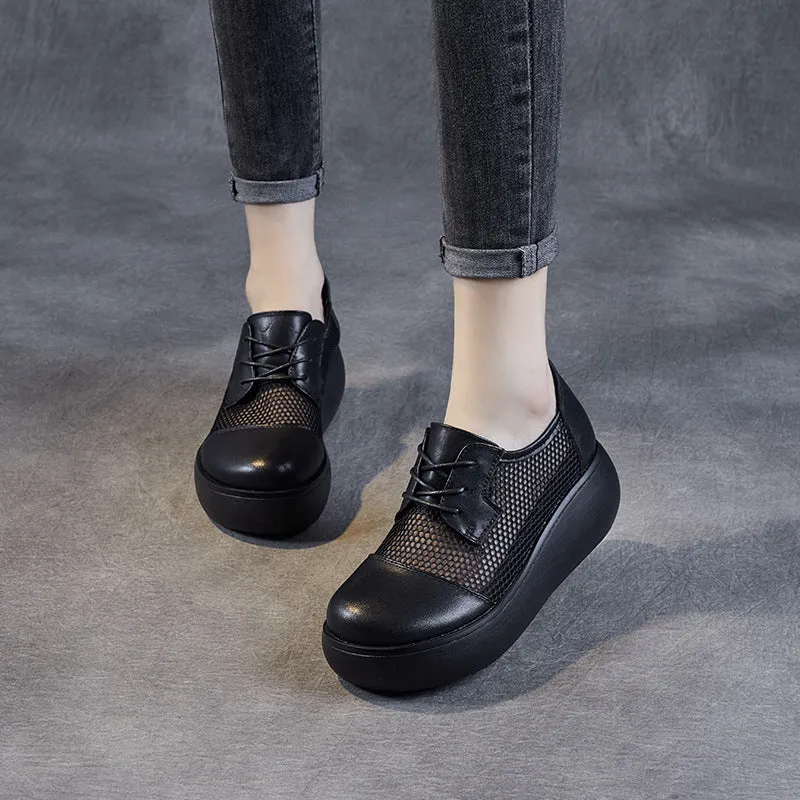 Women Casual Hollow Mesh Leather Platform Shoes