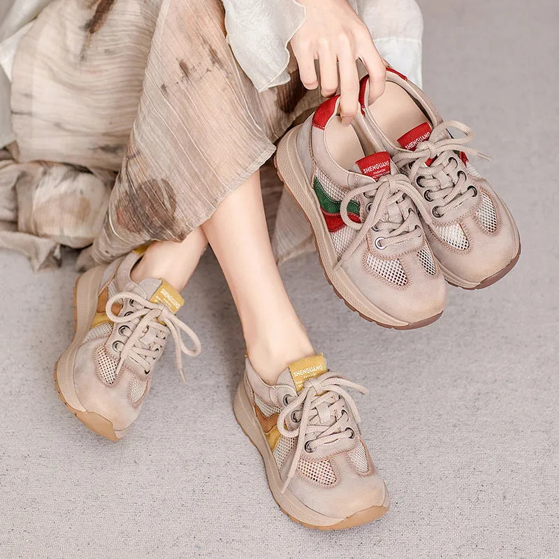 Women Fashion Patchwork Leather Hollow Mesh Casual Shoes