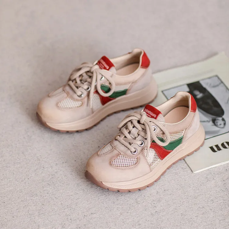 Women Fashion Patchwork Leather Hollow Mesh Casual Shoes