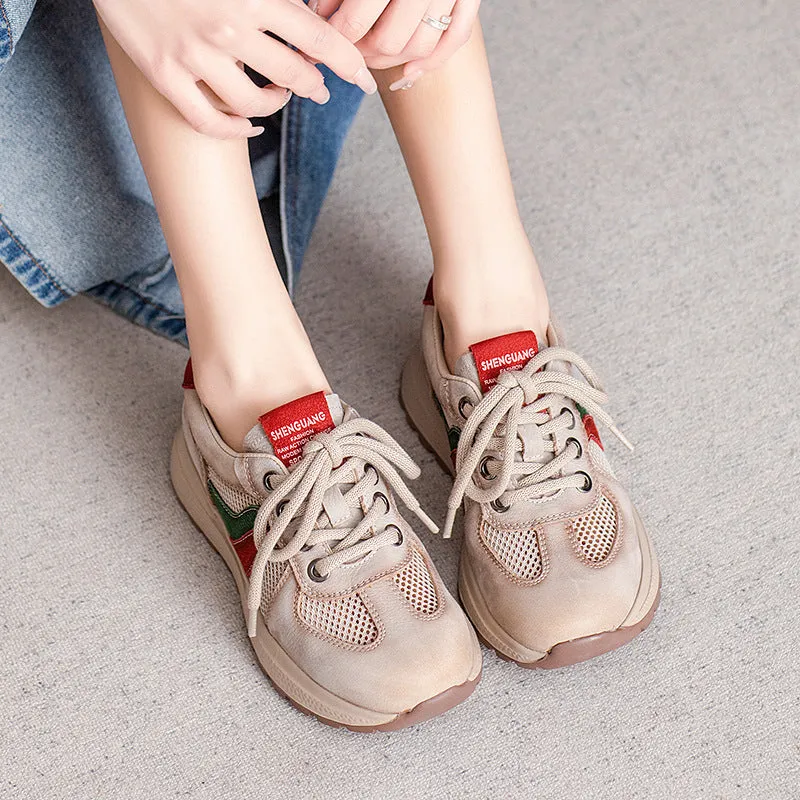 Women Fashion Patchwork Leather Hollow Mesh Casual Shoes