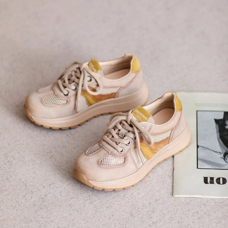 Women Fashion Patchwork Leather Hollow Mesh Casual Shoes