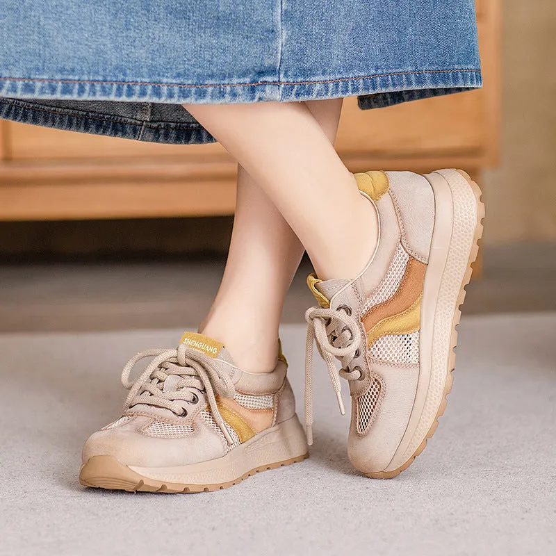 Women Fashion Patchwork Leather Hollow Mesh Casual Shoes