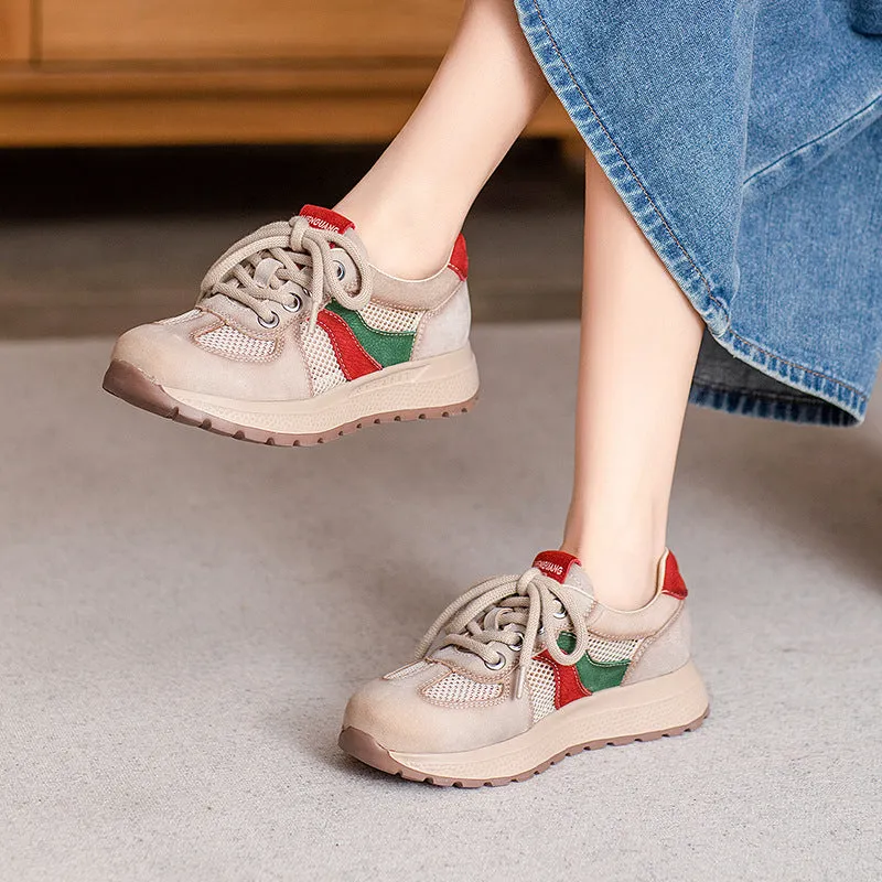 Women Fashion Patchwork Leather Hollow Mesh Casual Shoes