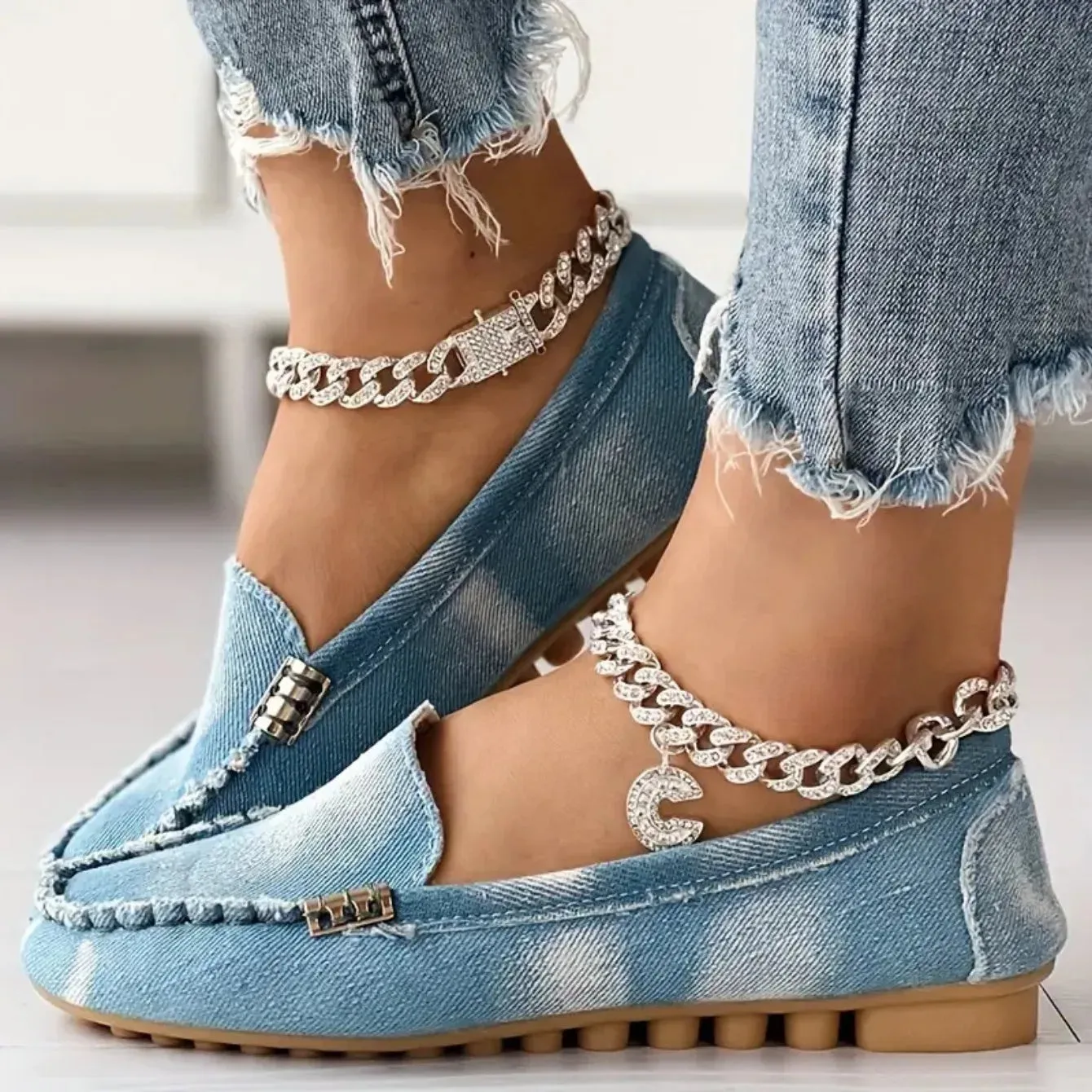 Women Flats Round Toe Thick Bottom Walking Flat Shoes Women New Casual Denim Shoes Spring  Autumn Vintage Chunky Sneakers Women