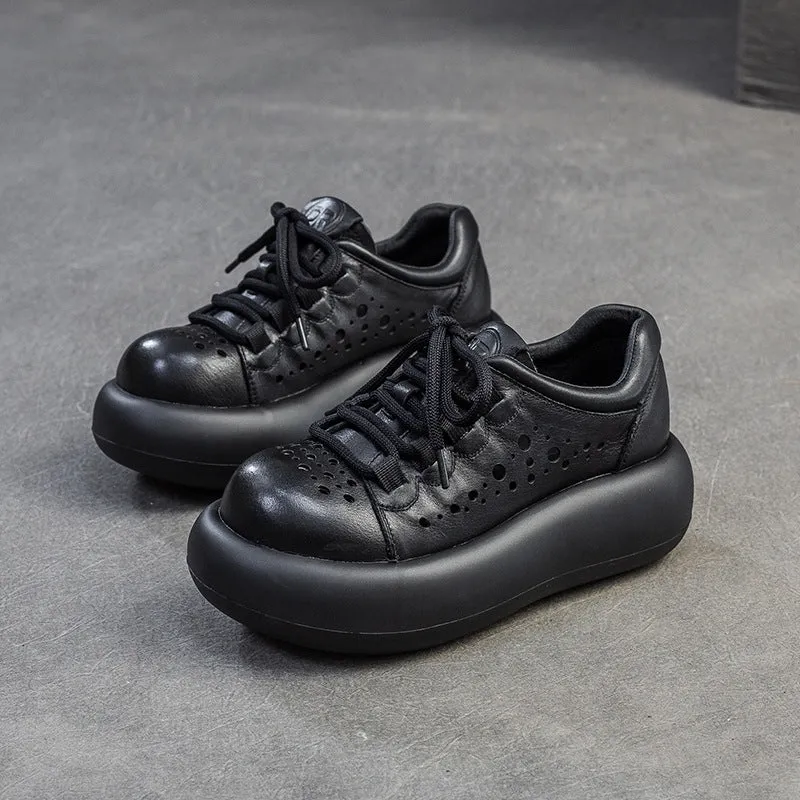 Women Plain Hollow Leather Platform Casual Shoes