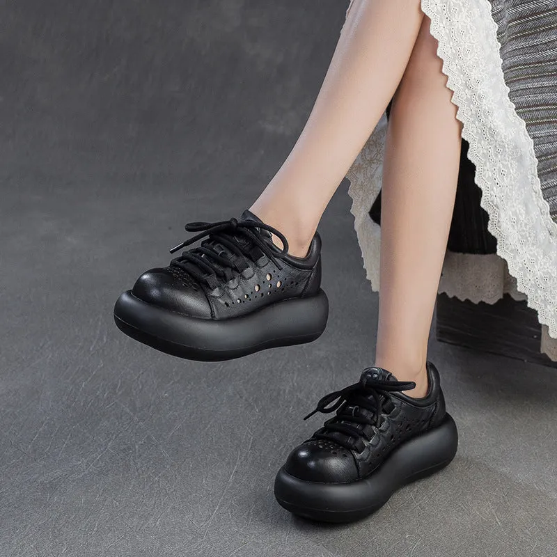Women Plain Hollow Leather Platform Casual Shoes