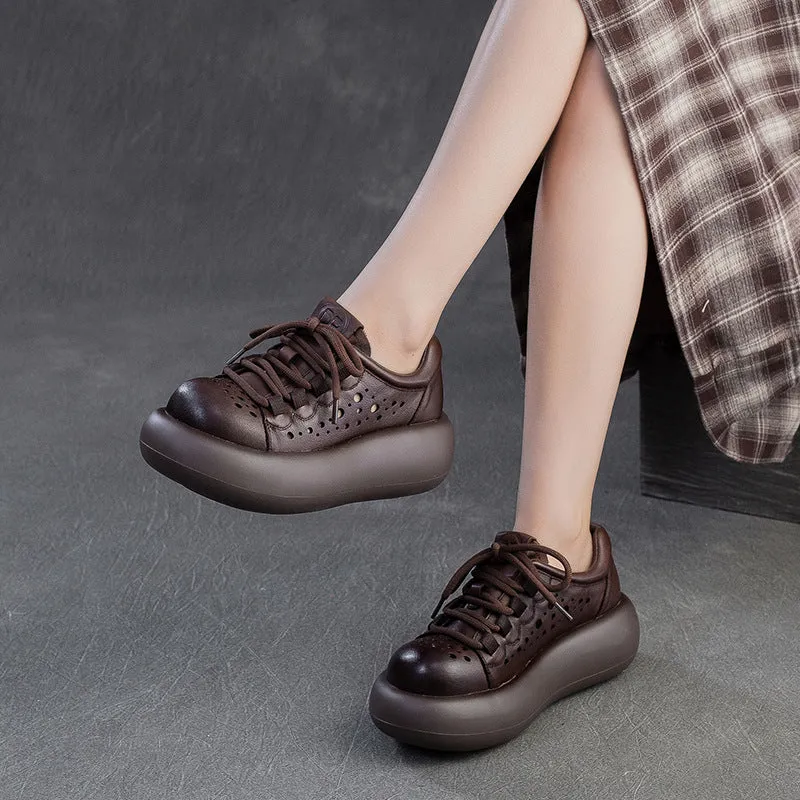 Women Plain Hollow Leather Platform Casual Shoes