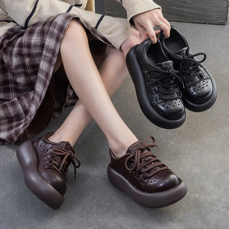 Women Plain Hollow Leather Platform Casual Shoes