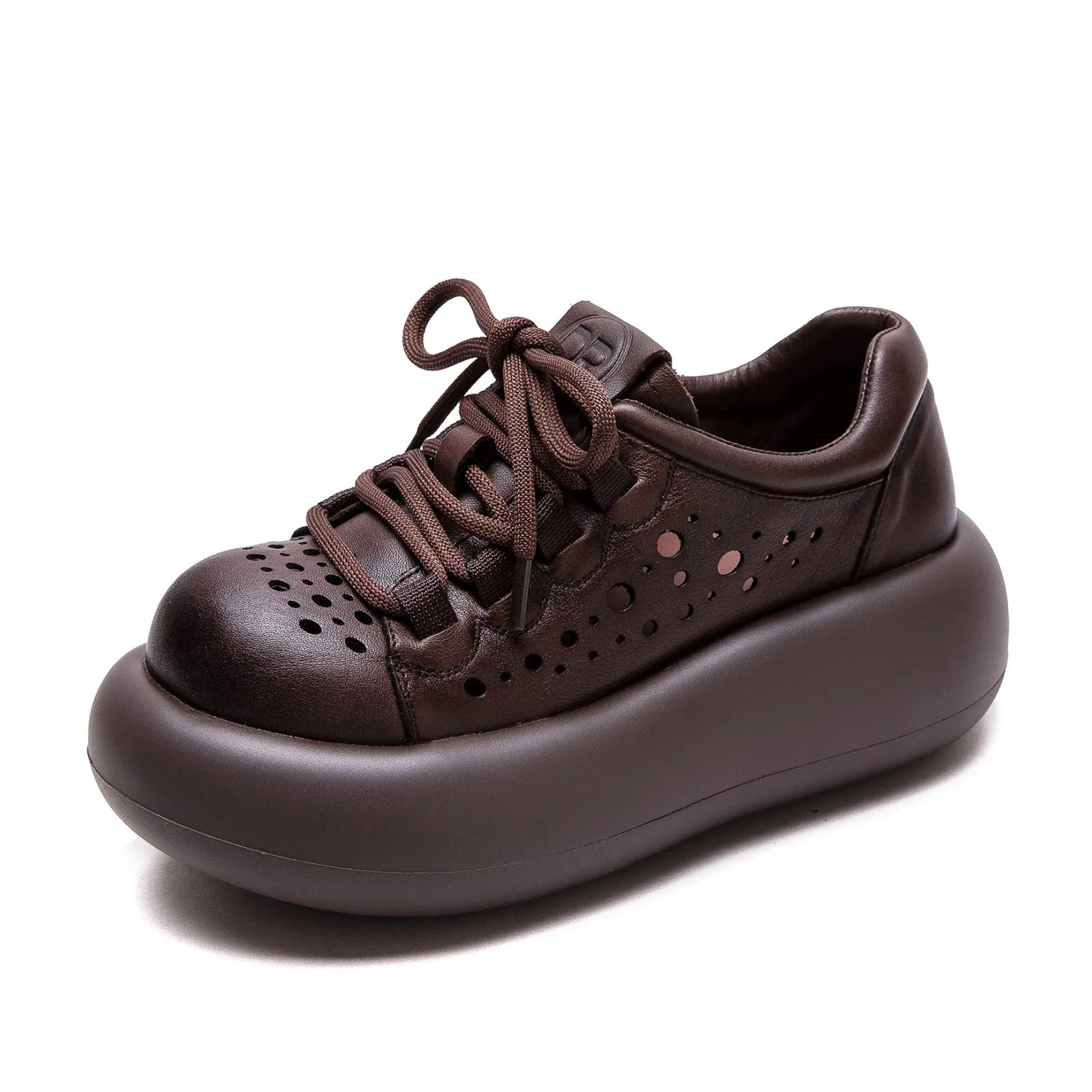Women Plain Hollow Leather Platform Casual Shoes