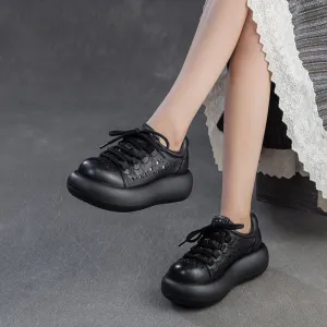 Women Plain Hollow Leather Platform Casual Shoes
