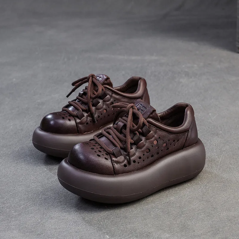 Women Plain Hollow Leather Platform Casual Shoes