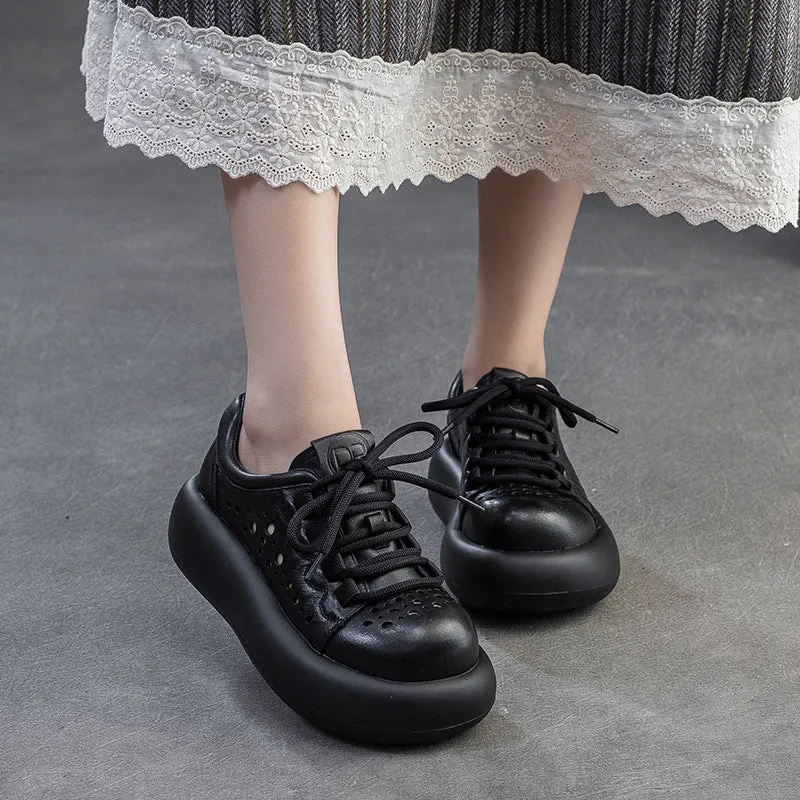 Women Plain Hollow Leather Platform Casual Shoes