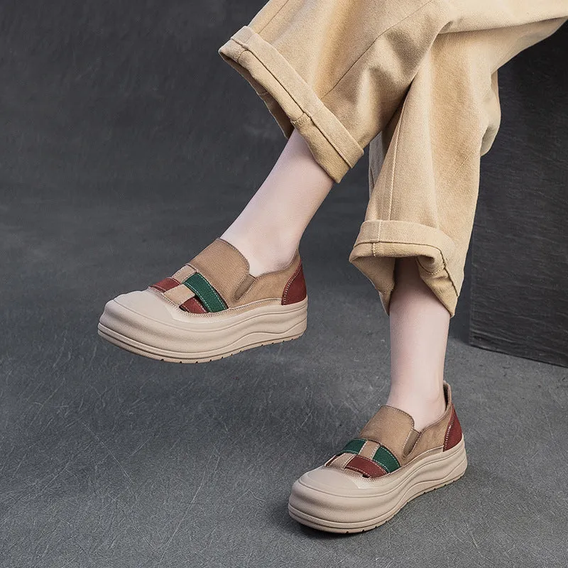 Women Retro Color Matching Soft Leather Casual Shoes