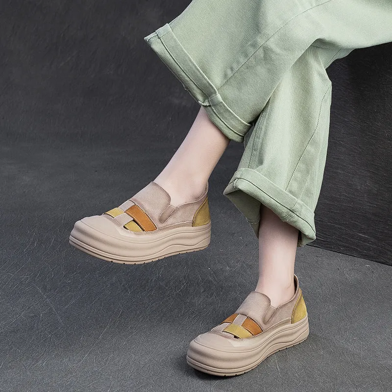 Women Retro Color Matching Soft Leather Casual Shoes