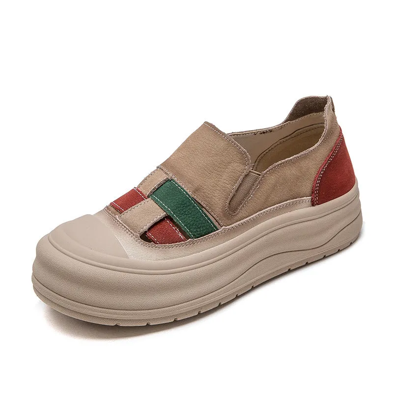 Women Retro Color Matching Soft Leather Casual Shoes