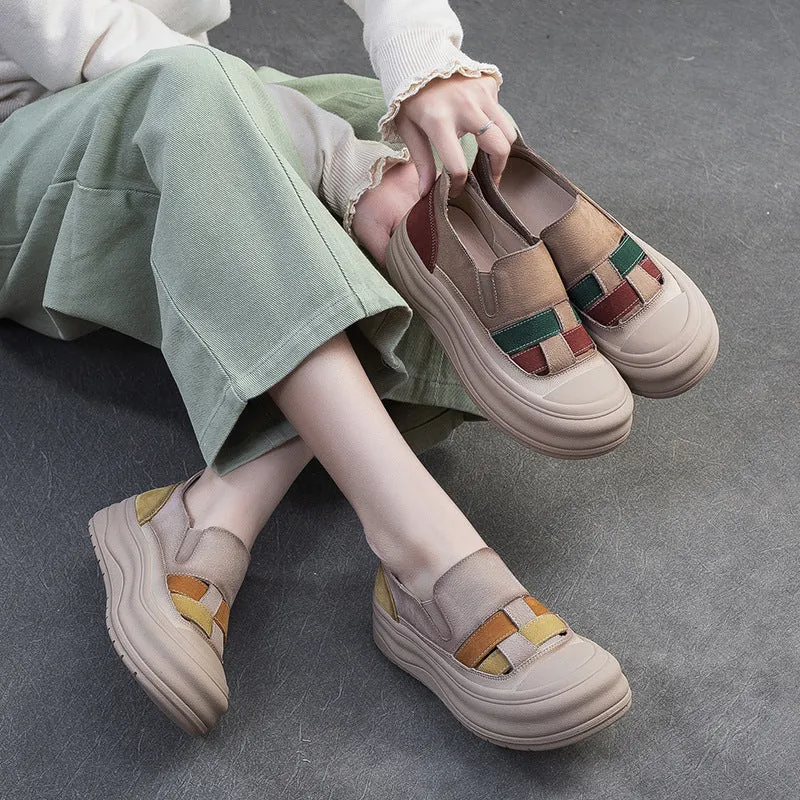 Women Retro Color Matching Soft Leather Casual Shoes