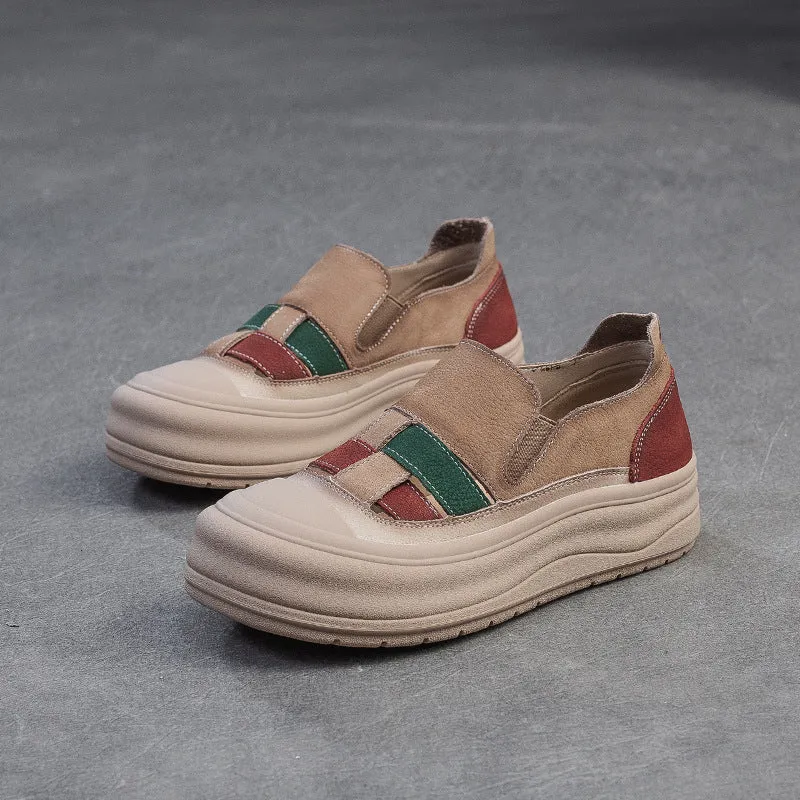 Women Retro Color Matching Soft Leather Casual Shoes