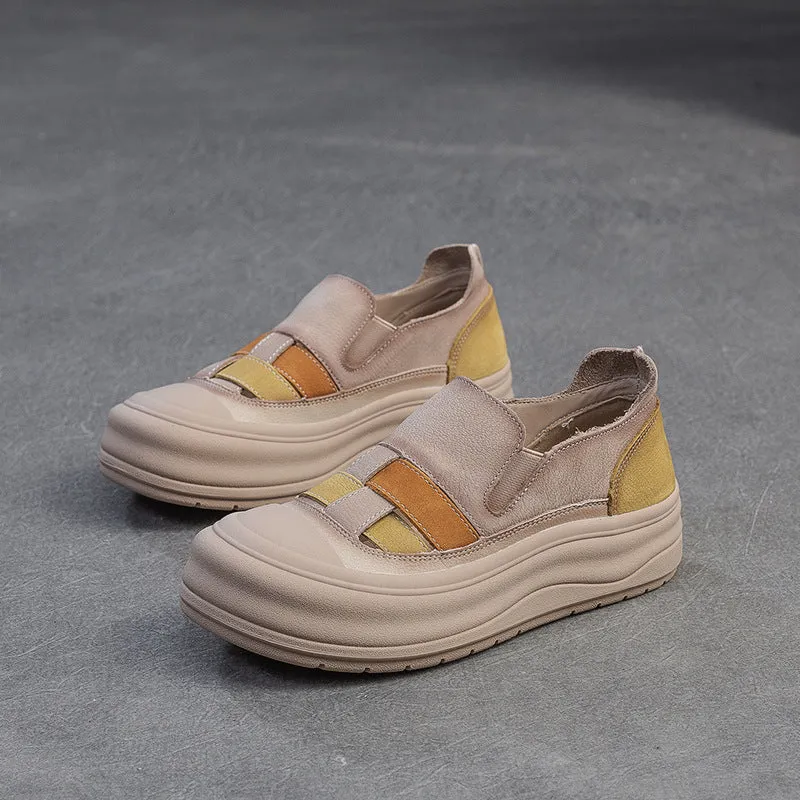 Women Retro Color Matching Soft Leather Casual Shoes