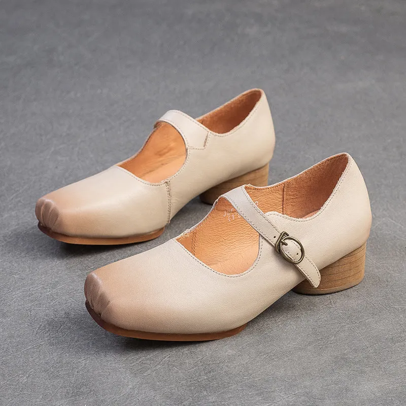 Women Retro Leather Buckle Low Block Casual Shoes