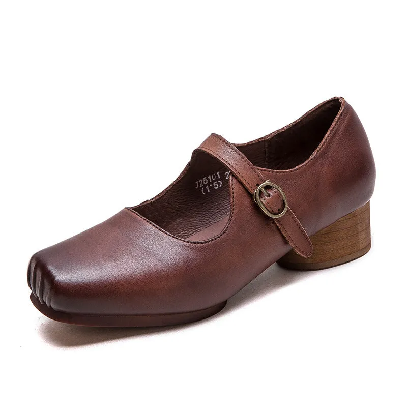 Women Retro Leather Buckle Low Block Casual Shoes