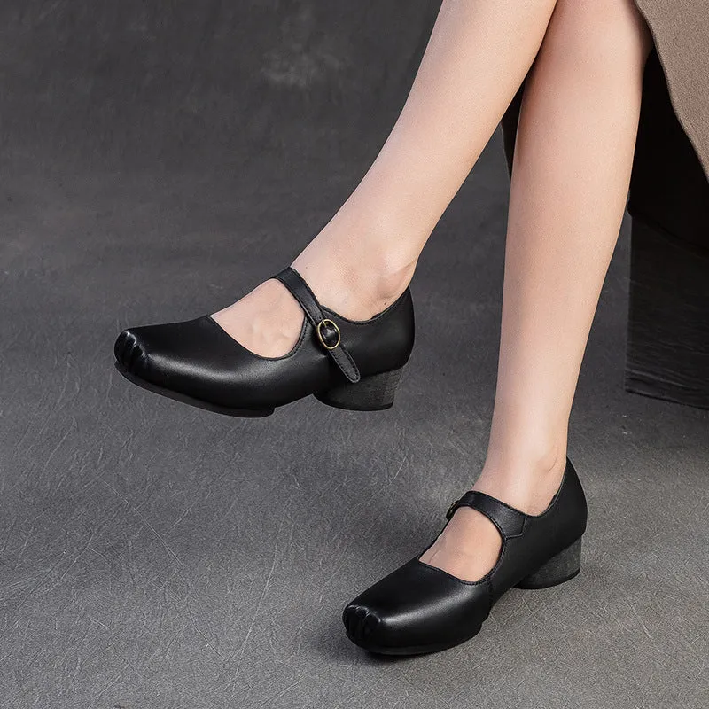 Women Retro Leather Buckle Low Block Casual Shoes