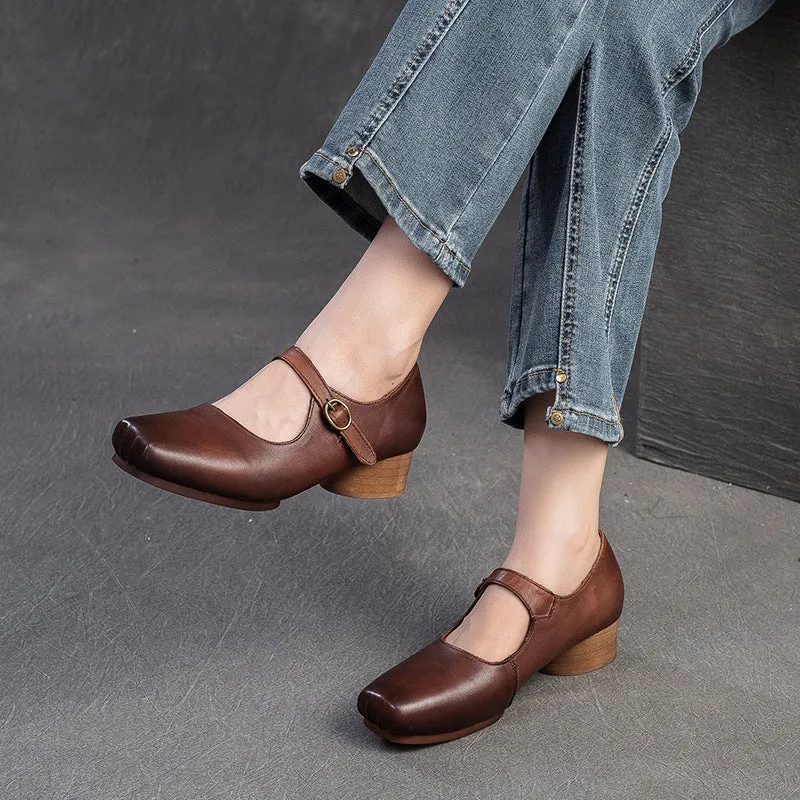 Women Retro Leather Buckle Low Block Casual Shoes