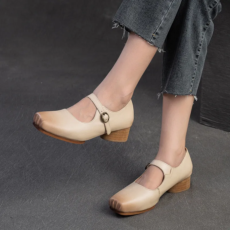 Women Retro Leather Buckle Low Block Casual Shoes