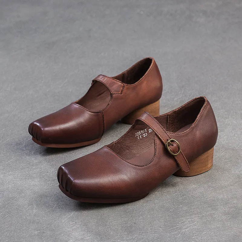 Women Retro Leather Buckle Low Block Casual Shoes