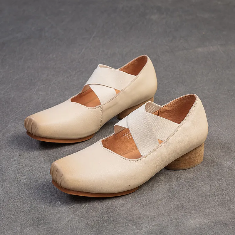 Women Retro Leather Cross Strap Low Block Casual Shoes
