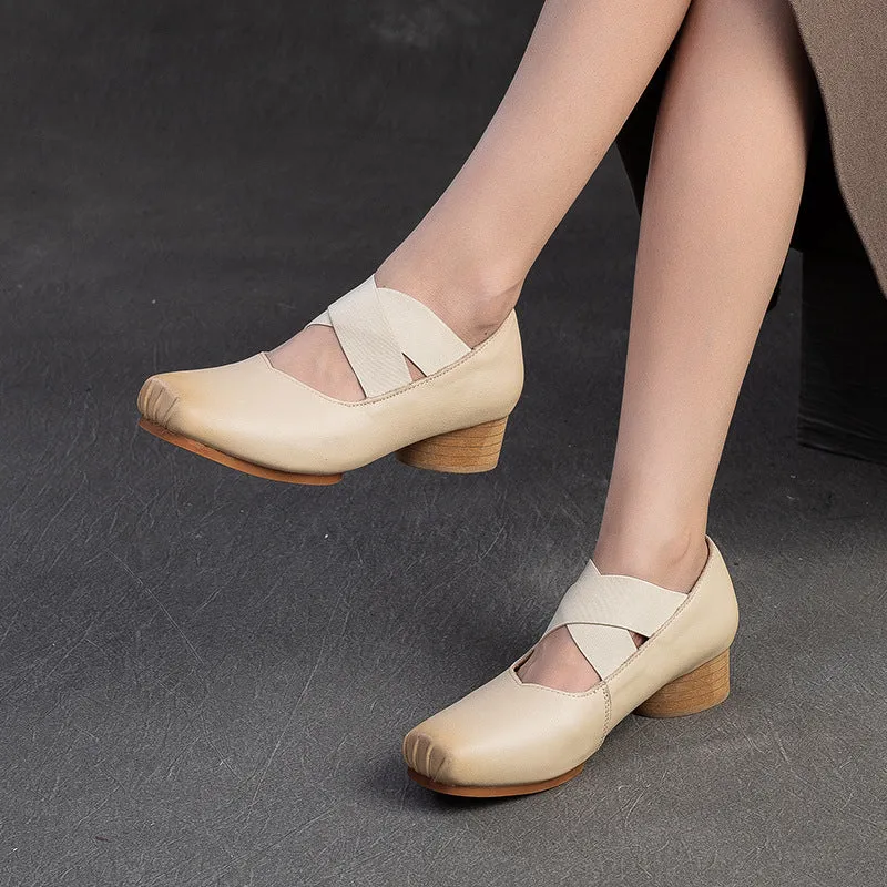 Women Retro Leather Cross Strap Low Block Casual Shoes