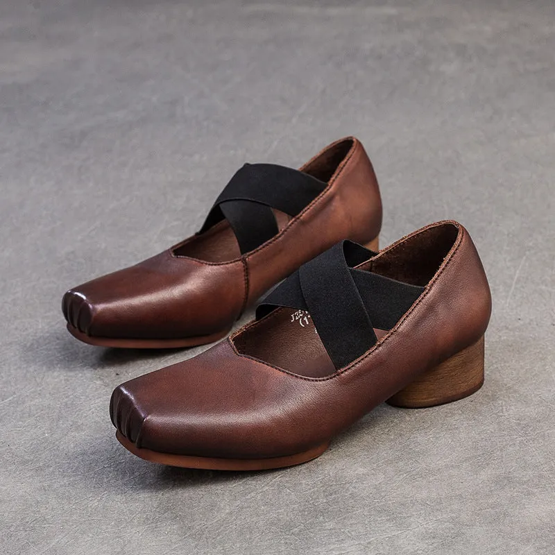 Women Retro Leather Cross Strap Low Block Casual Shoes