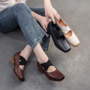Women Retro Leather Cross Strap Low Block Casual Shoes
