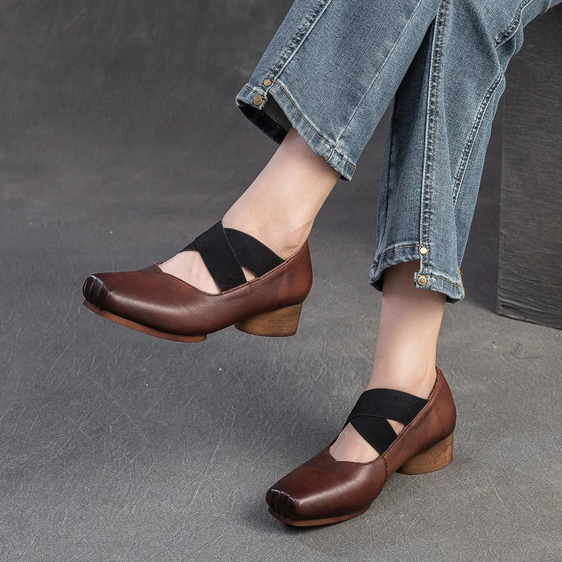 Women Retro Leather Cross Strap Low Block Casual Shoes